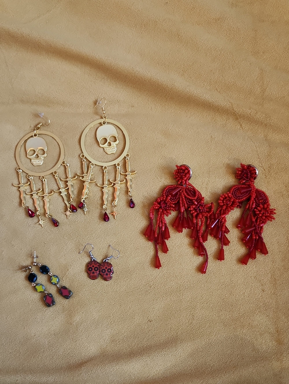 Gold And Red Halloween Earring Lot- Skulls, Beaded